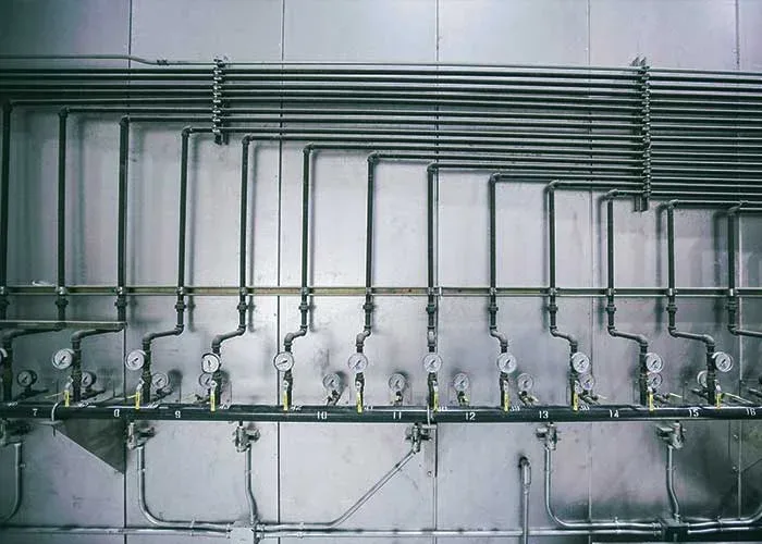 New construction plumbing pipes run along a wall